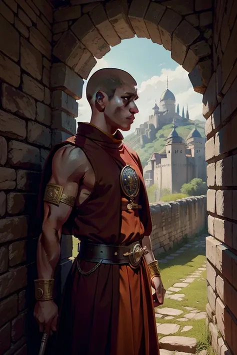 A monk with a shield and a mace looks from the walls of the fortress into the nature below. 