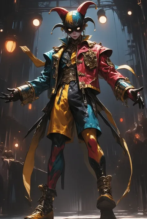 (Masterpiece, BestQuality:1.2),subtle colors, post-grunge, intricate details, detailed depiction,(Design like Persona 5. Illustration by Shigenori Soejima).
A modern interpretation of Arlecchino from Commedia dell'arte, wearing a stylish harlequin-patterne...