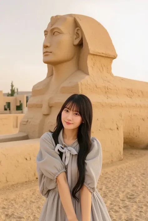 "A woman standing in front of the Great Sphinx of Giza, posing for a memorable photograph. She is dressed in a casual yet stylish outfit, with a smile on her face. The background shows the vast desert and the massive stone statue of the Sphinx, with the py...