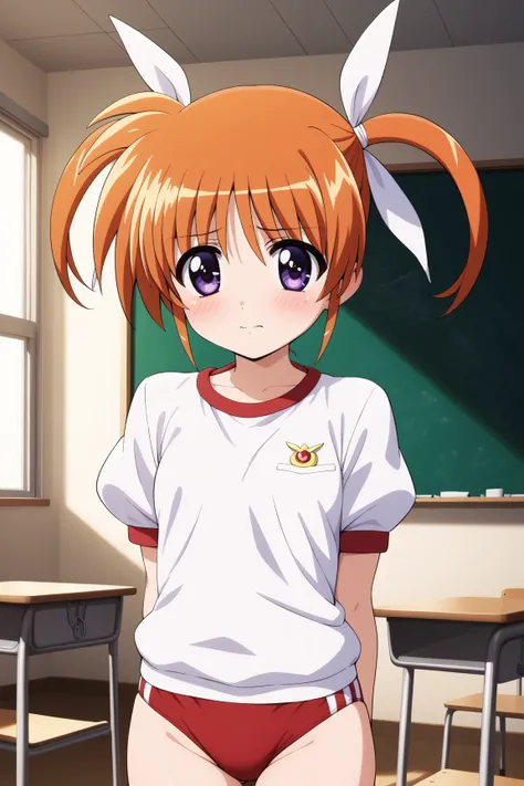 masterpiece,best quality,{{detailed beautiful face and eyes}}, very detailed background,
Takamachi Nanoha,{{{megami magazine}}},short hair,orange hair,twintails,white ribbons,hair between eyes,purple eyes,small breasts,
gym uniform,red buruma, white shirt,...