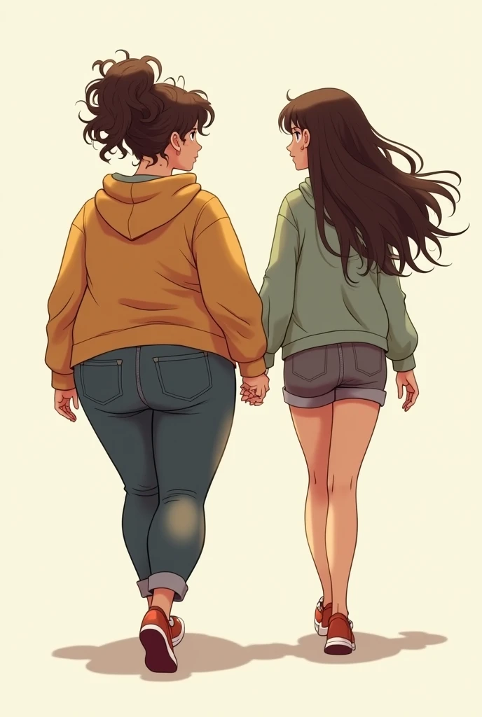 A fat girl with frizzy hair walked holding hands with a skinny girl with long hair.
