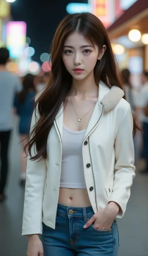  Highest Quality。 cute Japanese woman with drooling eyes。 long hair that extends to the waist。Walking in the illuminations。(( look back))night。night。smile。blush。 blue skinny jeans 。white down jacket with fur。