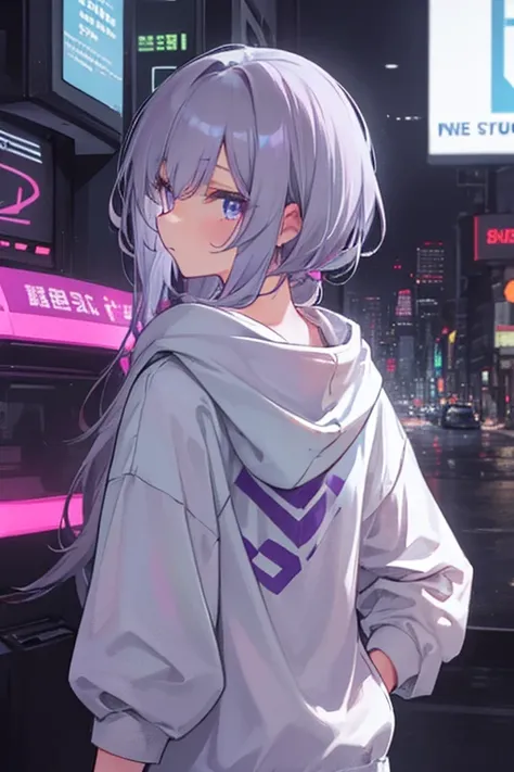 The girl with her body facing the front is a young, short girl in a neon megacity in the near future wearing a large white hoodie, her hair growing to her back, her eyes are blue and purple-gray hair