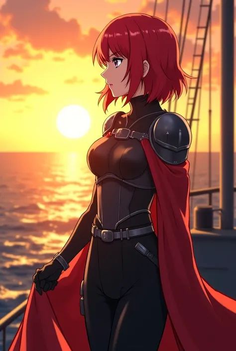 "4K anime style quality, digital drawing mode, a charismatic and commanding young woman with shoulder length red hair and a confident smirk, wearing a armored vest and black trousers, standing on the deck of a navy ship, looking out at the ocean during a g...