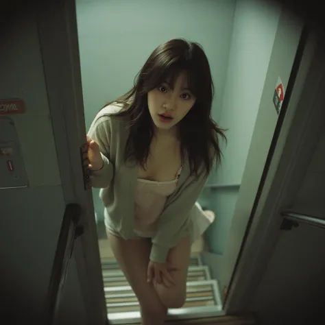  1 girl, Two line emergency staircase, Surprised expression,  Looking at Viewers , Cardigan, underwear, Angle seen through the door