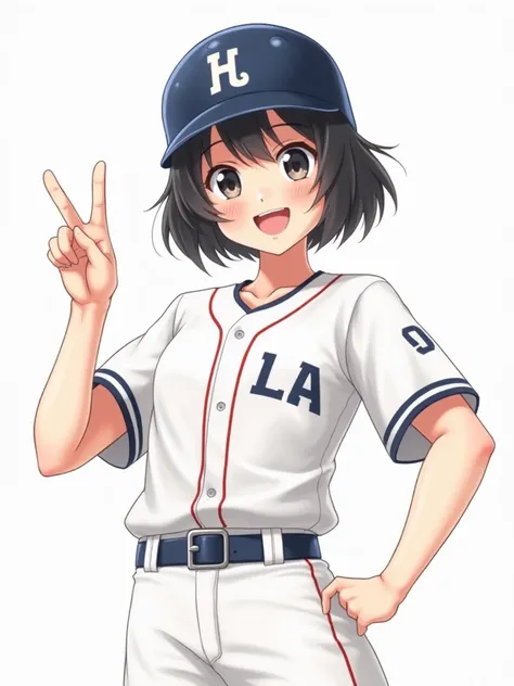  professional illustrator、 High Precision、 Japanese、woman、、 black hair、 Shortcut、I'm wearing a baseball uniform and wearing a helmet、 peace sign、 and I'm smiling