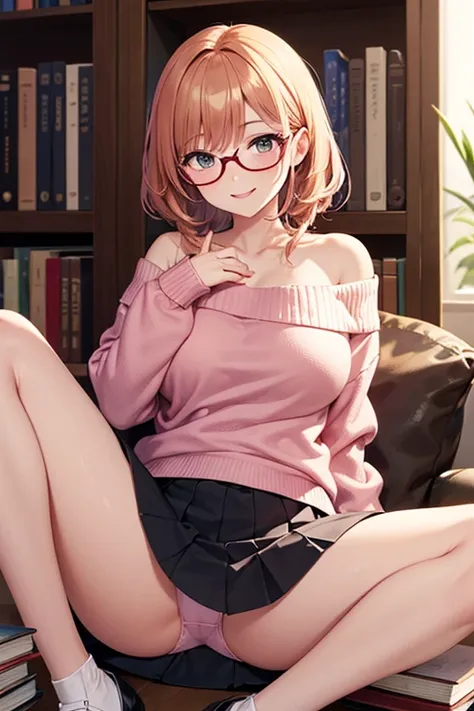 (( top quality)), (( Masterpiece)), (  Details),  1 girl,  off-shoulder sweater,  short skirt,Put on a smile , Libraries ,Shadows on bookshelves , big breasts,Glasses, skirt on the chest,Spread your legs, pink underwear on the knee