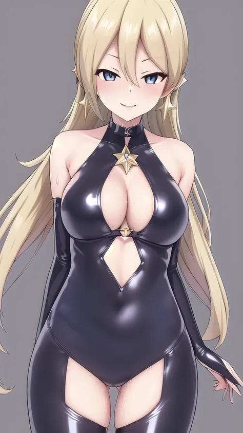   erotic、Rosalina、 blonde twin tail voluminous、Big Breasts,  alone,  Black and Light Blue Latex Swimsuit　Hydra Suit,  Purple Wicked Background 、  top quality,  detailed face,  detailed eyes,  Hi-Res,、 Evil Evil Female Executive、Glare、 smile、Contempt、Disgus...