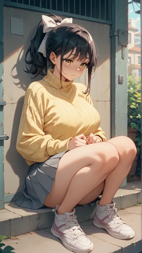    beautiful girl　     black hair　    Ponytail 　    white ribbon scrunchies　Big Breasts　 yellow sweater　 gray pleated skirt 　 white sneakers　彼女は手を手錠で restraintされている　Jail　 restraint　torture　current