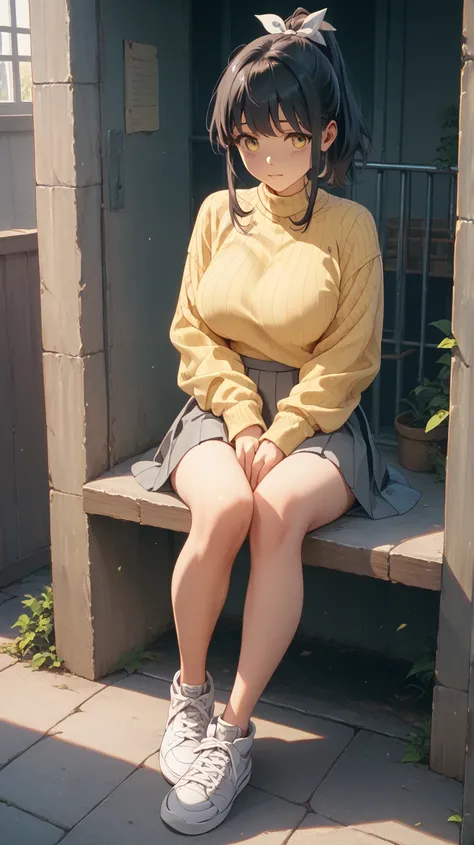    beautiful girl　     black hair　    Ponytail 　    white ribbon scrunchies　Big Breasts　 yellow sweater　 gray pleated skirt 　 white sneakers　彼女は手を手錠で restraintされている　Jail　 restraint　torture　current