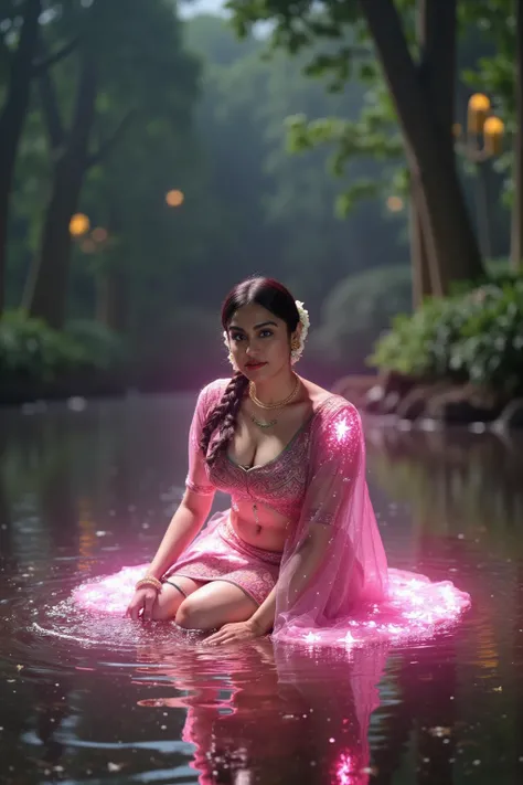 Visual sinematic rantasy From top looking at camera beautiful woman pink  neon aura hieroglyphic dress in fairy tale land Sit on calm forest lake fire fly