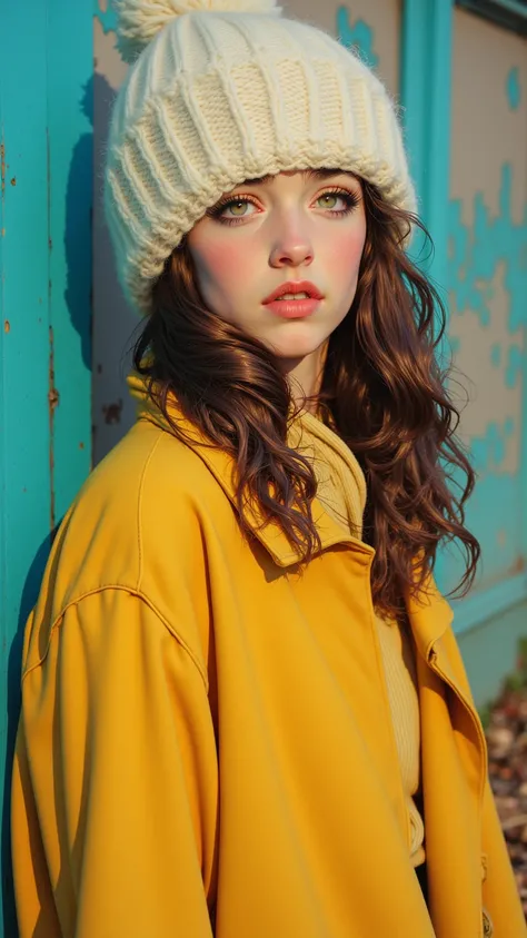 Generate an image of a young woman with long, wavy hair, wearing a cozy cream-colored beanie and a bright yellow coat, standing next to a weathered turquoise wall. The scene should evoke a warm, autumn vibe, with soft natural lighting highlighting her outf...