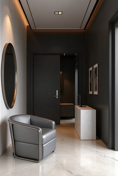 Professional architectural perspective and three-dimensional rendering of the interior design of the entrance of a very large luxury and very modern and very minimal apartment with a very modern and very minimal cubic shaped metal chair with a dark silver ...