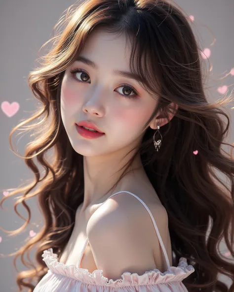  A photo full of tranquility and charm， in a charming and elegant pose ，have big eyes、flowing long hair、 delicate skin 、 Red Cheeks 、 charming smile、 captivating eyes 、Glowing complexion ， Fine details ， shows a cute girl 。