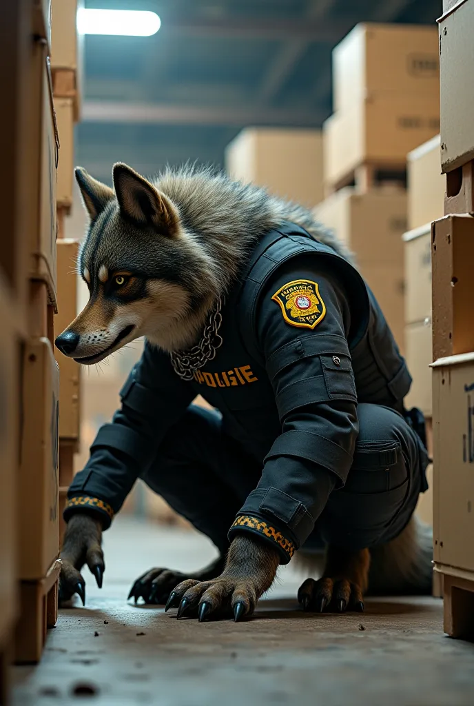 Score_9,score_8_up,score_7_up,score_6_up, very long haired, anthro furry, wolf, wearing a black police vest, sniffling boxes, cargo storage room, chain collar, badge, crouching, long snout 