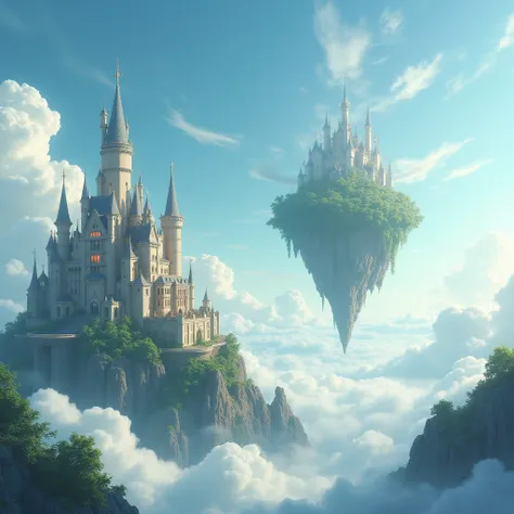 outdoors, sky, day, cloud, no humans, scenery, flying, castle, tower, floating island,fantasy,