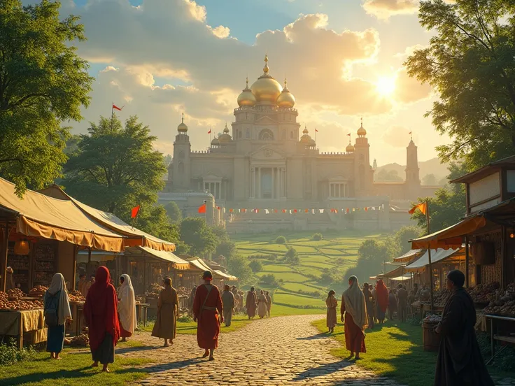 A beautiful, serene kingdom at dawn, with lush green fields and grand palace structures. People in traditional attire are walking on cobblestone streets, and merchants are selling goods in an open marketplace. The sun is shining brightly over the kingdom. ...