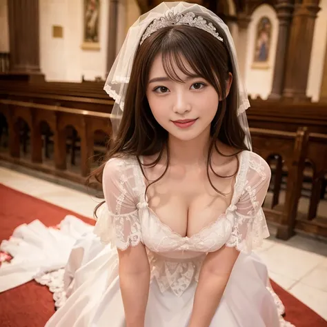 ( top quality,  Masterpiece:1.2), ( by Nomi:1.3), ( very detailed background,  Detailed Biography),  (( amazing toned chest )), (Sexy lewd),  frill dress , (sheer, pure white dress with lace trim:1.4), Bridal Tiara,  Gorgeous parchment white wedding dress ...