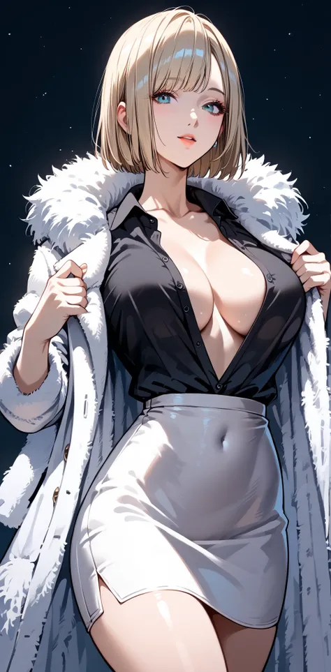 ,20s, beautiful face, bob cut, Slender Woman, big breasts, thin waist,((Long fur coat)),  black shirt,   pencil skirt  ,  big breasts, ( shirts that wear white coats open on the front 、 open from chest to stomach to reveal skin),(( open shirt)),(( open)), ...