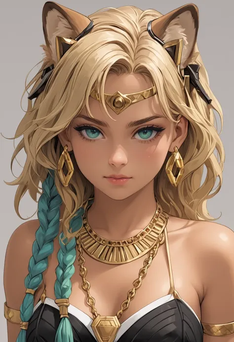 Score_9, Score_8_up, Score_7_up, Score_6_up, Score_5_up, Score_4_up, Source_anime, Tag1, Tag2, Quality_masterpiece, Anatomically correct, Detailed skin,1women, blonde hair, blue eyes, brown skin, zamrud earings, golden neckless, green braids hair, cleopatr...