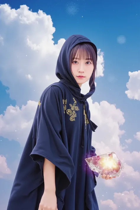 "A powerful female mage standing on the edge of a floating island in the sky. She wears an elegant dark blue robe with golden embroidery, a hood covering part of her face, revealing glowing violet eyes. She holds a magical staff with a floating crystal tha...