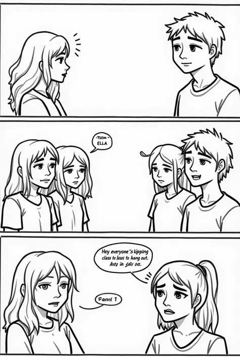 Comics style
Style drawinh black and white

Stage 3: Seeking Approval

Situation: A teenager starts acting differently to fit in.

Panel 1:
A group of teenagers are talking, while one (Teen 2- ella) listens nervously.

Teen 1- maris: "Hey, everyone’s skipp...