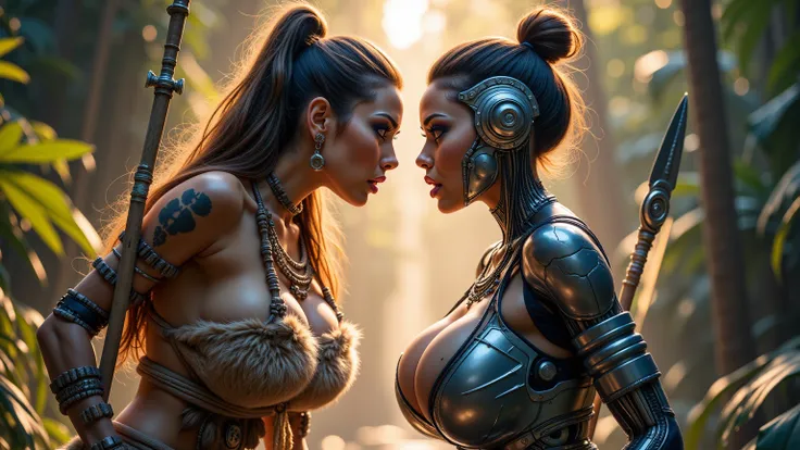 A breathtaking, ultra-detailed cinematic masterpiece depicting a striking face-off between a Neolithic woman and a futuristic cyborg woman. The Neolithic woman has wild, unkempt hair adorned with bones and beads, wearing a rugged fur dress with intricate t...