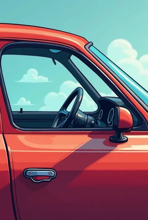 A cartoon-style side view of a car’s driver seat area, starting from the side window and side mirror and ending at the car roof. The illustration should have bold outlines, smooth shading, and a vibrant color scheme. The car design should be sleek and mode...