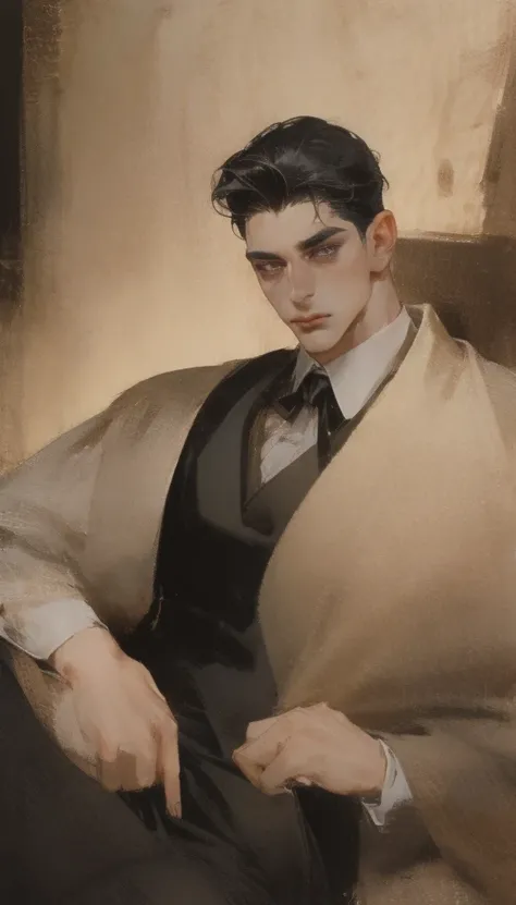 Ultra detailed, highres, absurdres, HDR, master piece, black hair slicked back, white eyelashes, expressive eyes, wearing vest under black frock coat, sexy man sitting, full length pants handsome, best quality, fantasy, magical, lewd, horny, sensual, manly...