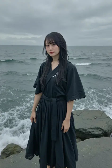 "A ghostly woman standing on the shore of a dark, stormy sea in Japan. She wears a tattered black yukata, soaked with seawater, and her long wet hair clings to her pale face. Her eyes are hollow, and her lips are slightly parted as if whispering something ...