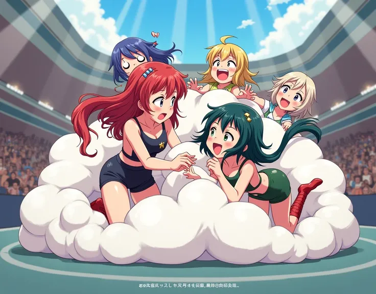 An anime-style illustration depicting many wrestler-girls playfully wrestling with each other inside a colosseum comical fight cloud.
each wrestler-girl has different colored hair.
their faces,hands,and feet are visible emerging from the cloud as they tuss...