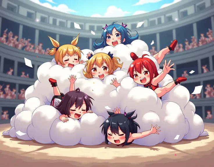 An anime-style illustration depicting many wrestler-girls playfully wrestling with each other inside a colosseum comical fight cloud.
each wrestler-girl has different colored hair.
their faces,hands,and feet are visible emerging from the cloud as they tuss...