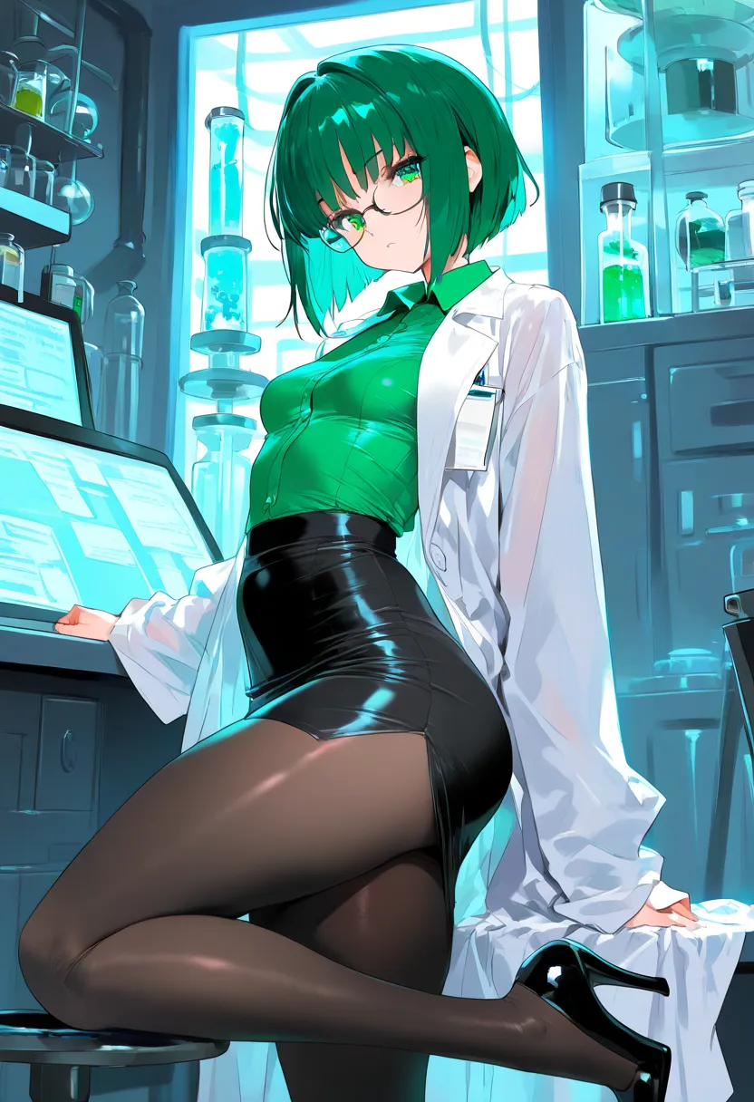 (NSFW, masterpiece, best quality, amazing quality, very aesthetic\), laboratory, 1girl, solo, \(Classic bob, green hair, short hair, lab coat, glasses, green collared blouse, black midi skirt, small breasts, green eyes, heels\)