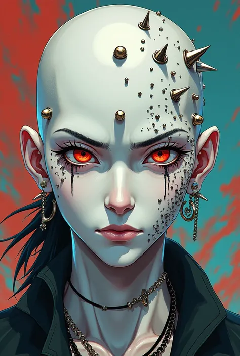 Man with white skin full of piercings in Japanese anime style 