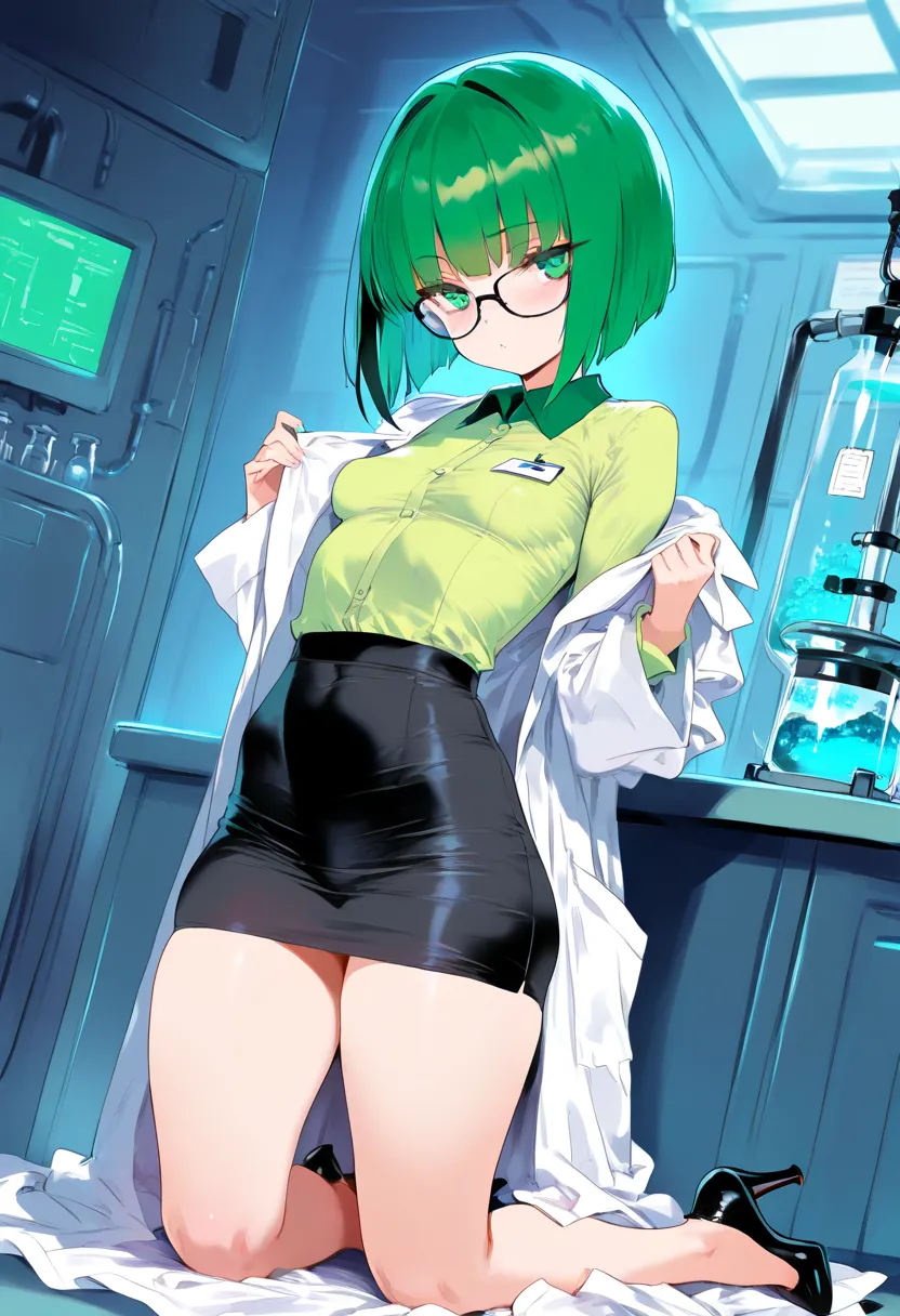 (NSFW, masterpiece, best quality, amazing quality, very aesthetic\), laboratory, 1girl, solo, \(Classic bob, green hair, short hair, lab coat, glasses, green collared blouse, black midi skirt, small breasts, green eyes, heels, petite body\)