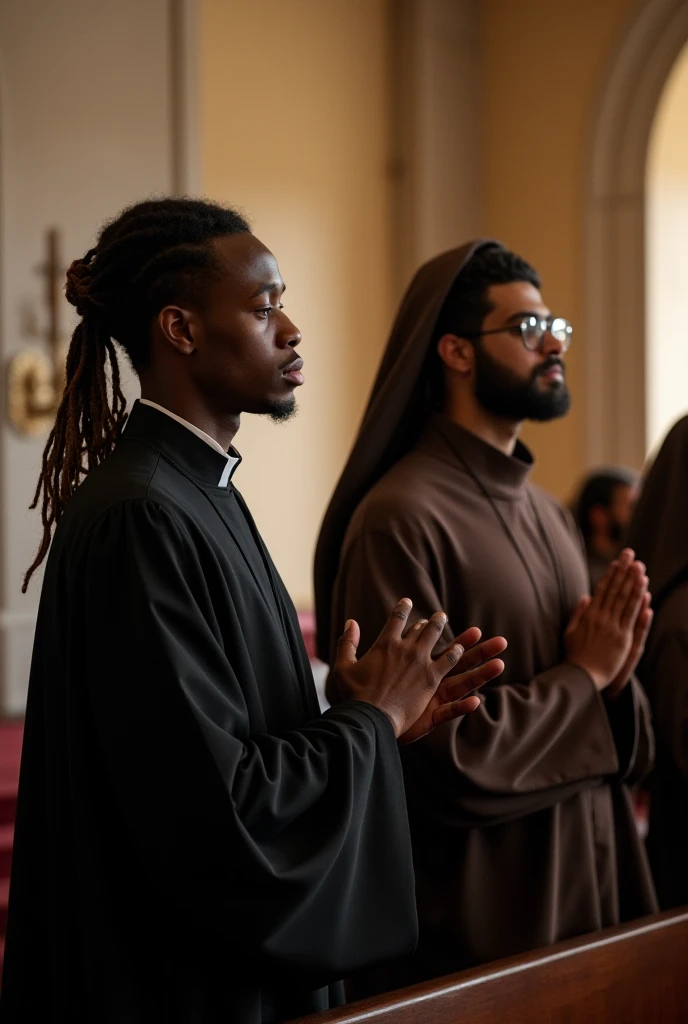 An 18-year-old black priest in a black gown with not very long thickened hair (nudread) And a 33-year-old Carmelite friar with a goatee with a brown habit and a height greater than that of the black priest praying at the Catholic Church of the Heart of Jes...