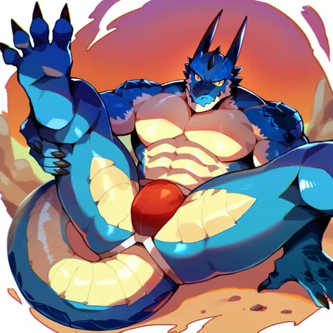 score_9, score_8_up, score_7_up, score_6_up, furry, male, anthro, bara, full body, muscular, in a desert, tail, dragon, detailed scales, detailed background, by null-ghost, by k0bit0wani, 4 toes, laying, on back, front view, legs spread, blue body, claws, ...