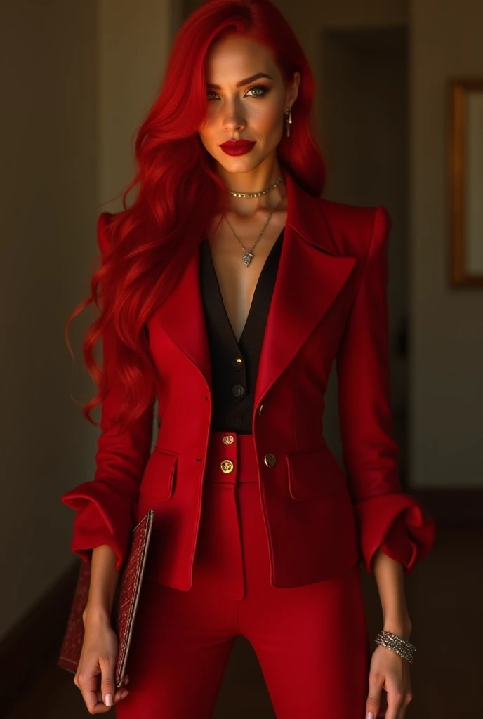 
 Satan Katik appears as ,  office style that both inspires respect and makes you tremble . Her red hair, Like a flame,  flows down to the middle of her back , , creating a bright contrast with the deep red tint of her latex suit .  A few strands are sligh...