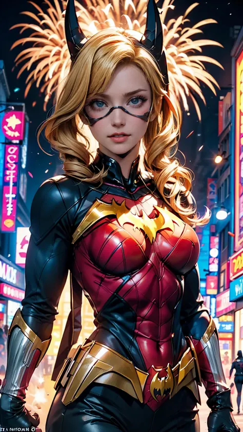 (( Style of Batgirl  ))  renders a full-body portrait of Marvel's Dazzler posing violently against the backdrop of a neon-lit city, Fireworks are exploding overhead.  long blonde, She is demonstrating her strength, There&#39;s a bright light trail behind h...