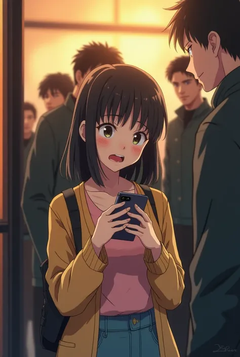 An anime style as she steps outside the café to check if her boyfriend has arrived, a group of unruly men approaches her, their smirks filled with ill intent. She grips her phone tightly, her expression shifting from surprise to discomfort. The lighting sh...