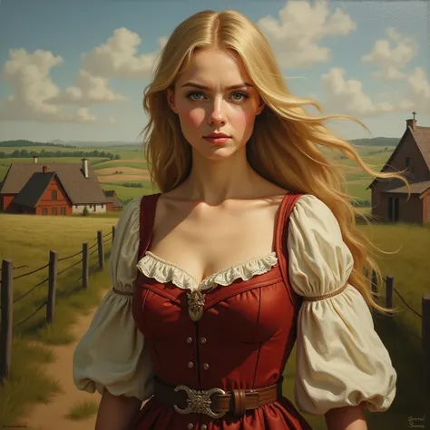  masterpiece ,  Oil paint of Guinwen as a peasant girl, 8K, 1 girl, realistic  Oil paint,  pretty face,  Gesicht von Guinwen , beautifully detailed eyes ,  photo,  blond hair ,  blond hair , gray eyes,  visible size ,  big boobs,  huge breasts ,  hair impl...