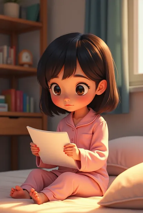 A soft, cel-shaded 2D cartoon-style illustration of Thư sitting alone in her bedroom, holding a drawing in her small hands, her expression filled with quiet contemplation and deep thought. Thư, a  Vietnamese girl with a small, slender build, fair skin with...