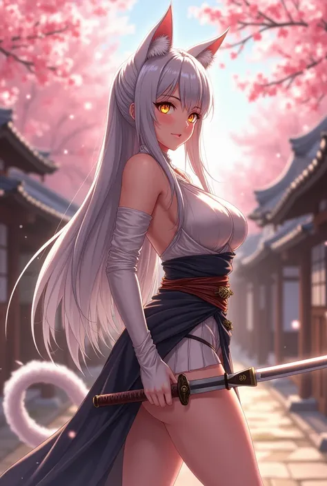 A stunning anime catgirl samurai with long, flowing silver hair and piercing golden eyes. Her curvy, voluptuous figure is accentuated by her light yet form-fitting armor, which highlights her ample chest and toned waist. Her soft, fair skin glows under the...