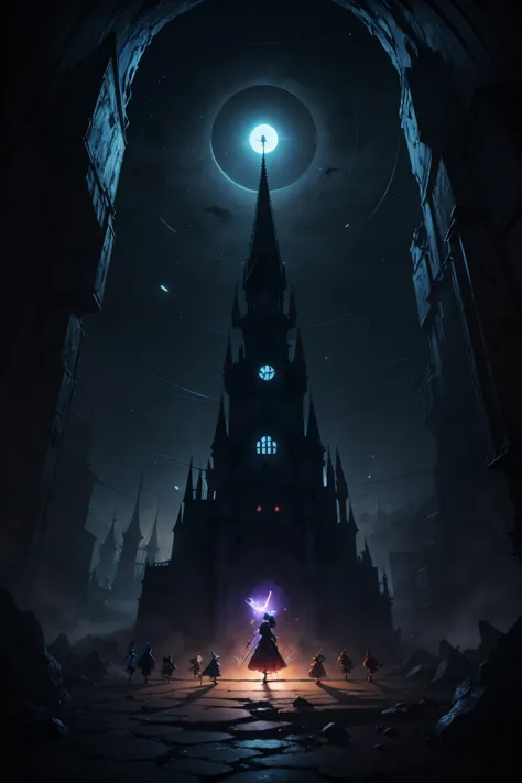  a small group of anime-style chibi character fairies wearing goggles and hats,  magic wand , (The underground kingdom),dark, scary, spooky place, underground labyrinth,  casts a spell 、 swirling over the night cityscape from the top of a tower ,dark, scar...