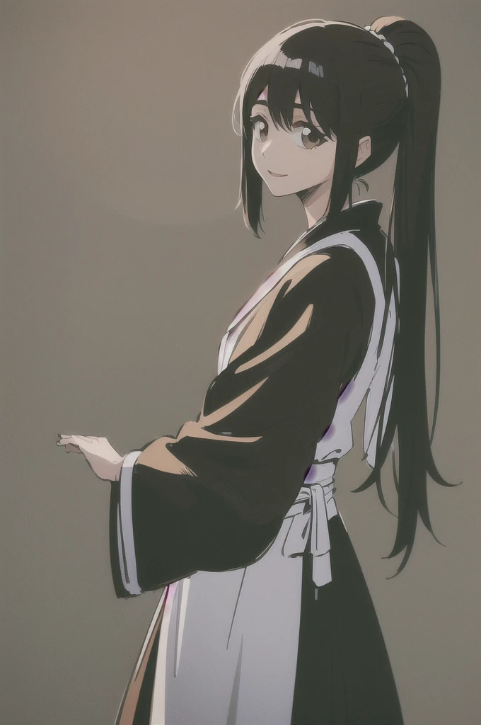  Masterpiece,   top quality ,
  one girl from the side ,   romantic love ,    black hair,  single ,  Ponytail, Vancouver,   brown eyes,
 Hair bangs,
   kimono, white sleeveless coat ,  black  kimono ,
smile,  alone,   I'm looking for ,    simple background...