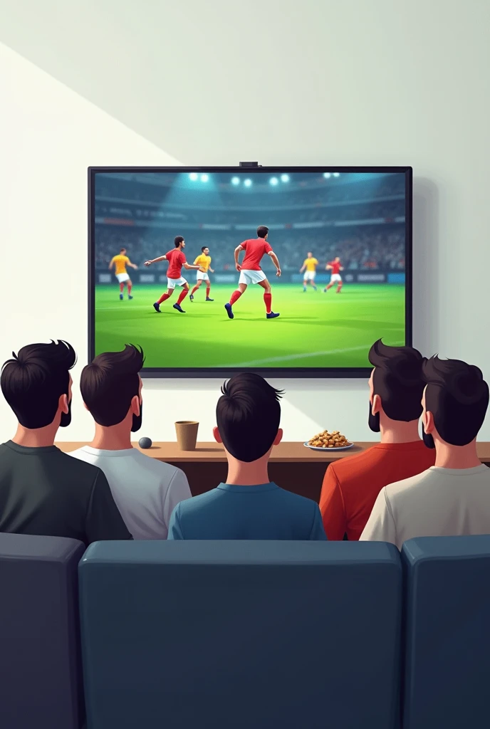 guys watching a match football in a room with clean wall 