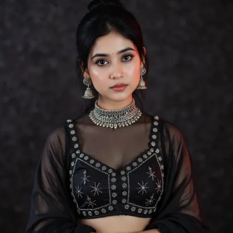 Close-up portrait of a young woman, likely in her late teens or early twenties, with a South Asian or Indian ethnicity. She exudes confidence and elegance.  Her dark hair is styled in a neat bun. She wears a black, sheer, embellished crop top with intricat...