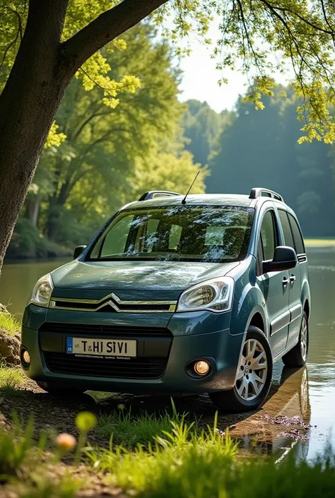 Citroën berlingo multispace 2008 light gray rims at the edge of a lake with greenery