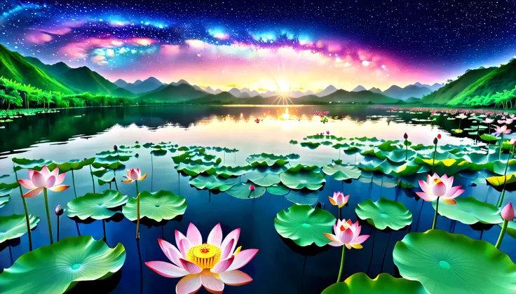 超 high image quality, high image quality, high quality , Spectacular Scenery , Magnificent Pure Land of Paradise ,((Heavenly world)),((( large group of huge and very beautiful lotus flowers that fill the surface of the lake))),(((1000 lotus flowers on th...