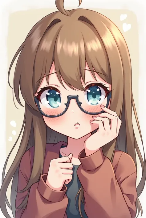 Anime character with long brown glasses, light blue eyes, cheeky face, embarrassed, making a cheeky gesture